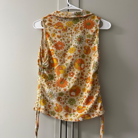 Kontrol Floral Sleeveless Top Collared V-Neck Side Cinch Orange Green Retro 70's - Picture 10 of 10